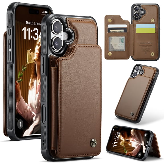 Mantto Case for iPhone 17 with Card Holder, Retro PU Leather RFID Blocking Credit Card Slots Double Magnetic Clasp Flip Kickstand Shockproof Phone Cover for iPhone 17,Brown