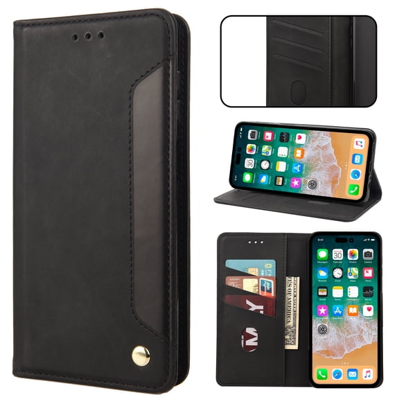 Mantto Case for iPhone 7 / 8 / SE 2022 & 2020, Vintage PU Leather Wallet Case RFID Blocking Card Slots Flip Kickstand Magnetic Closure Shockproof Folio Book Case Cover,Black