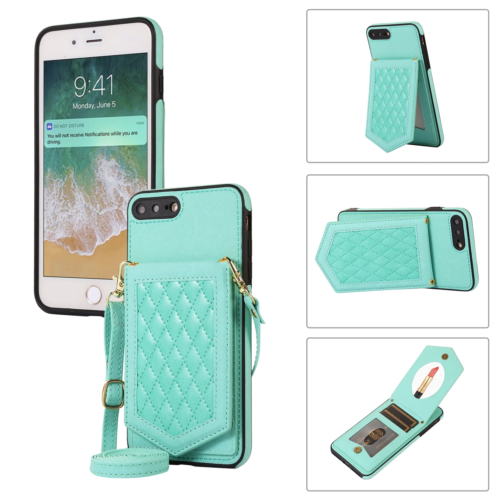 Plus/7 Lanyard PU Case iPhone Women with Plus, Leather Strap For Mirror Case Back Handbag Card with Mantto 8 iPhone Kickstand Slot iPhone for for 8 Plus,Crossbody Flip Credit Neck 7 Plus,