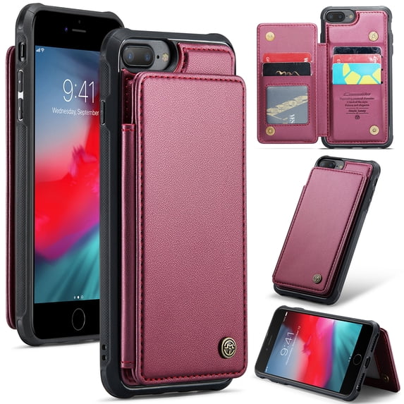 Mantto Case for iPhone 7 Plus/iPhone 8 Plus with Card Holder, Retro PU Leather RFID Blocking Credit Card Slots Double Magnetic Clasp Flip Kickstand Shockproof Phone Cover,Winered