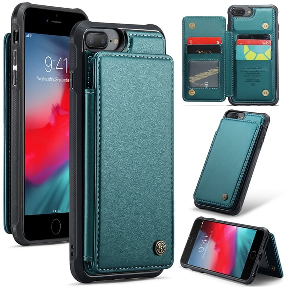 Mantto Case for iPhone 7 Plus/iPhone 8 Plus with Card Holder, Retro PU Leather RFID Blocking Credit Card Slots Double Magnetic Clasp Flip Kickstand Shockproof Phone Cover,Blue