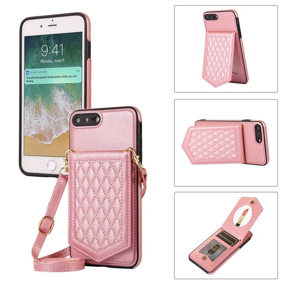 Mantto Case for iPhone 7, iPhone 8, iPhone SE 2020, Card Holder Crossbody Neck Strap Lanyard Handbag with Mirror Back for Women PU Leather Flip Case with Credit Card Slot Kickstand, Rosegold