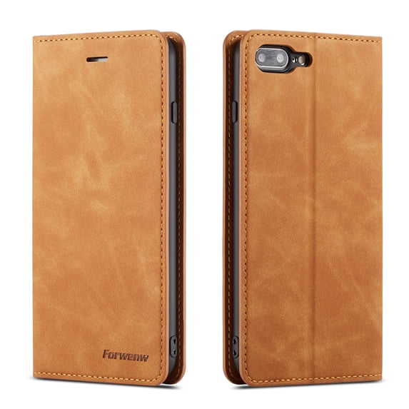 Mantto Case for iPhone 8 Plus / 7 Plus, Premium Leather RFID Blocking Credit Card Slots Wallet Retro Folio Case Magnetic Clasp Flip Kickstand Shockproof Full Protection Phone Cover, Brown