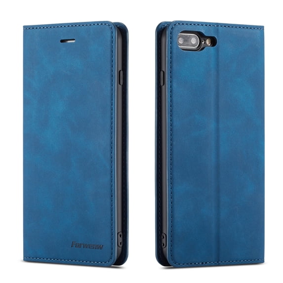 Mantto Case for iPhone 8 Plus / 7 Plus, Premium Leather RFID Blocking Credit Card Slots Wallet Retro Folio Case Magnetic Clasp Flip Kickstand Shockproof Full Protection Phone Cover, Blue