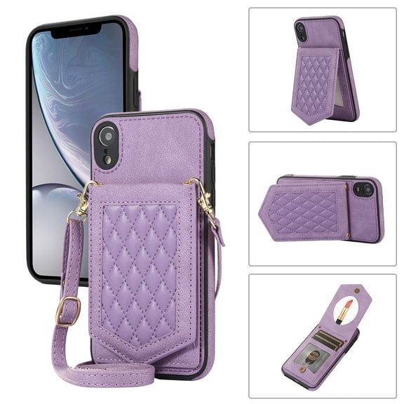 Mantto Case for iPhone XR, Card Holder Crossbody Neck Strap Lanyard Handbag with Mirror Back for Women PU Leather Flip Case with Credit Card Slot Kickstand For iPhone XR, Purple