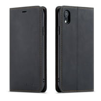 Mantto Case for iPhone XR, Premium Leather RFID Blocking Credit Card Slots Wallet Retro Folio Case Magnetic Clasp Flip Kickstand Shockproof Full Protection Phone Cover, Black