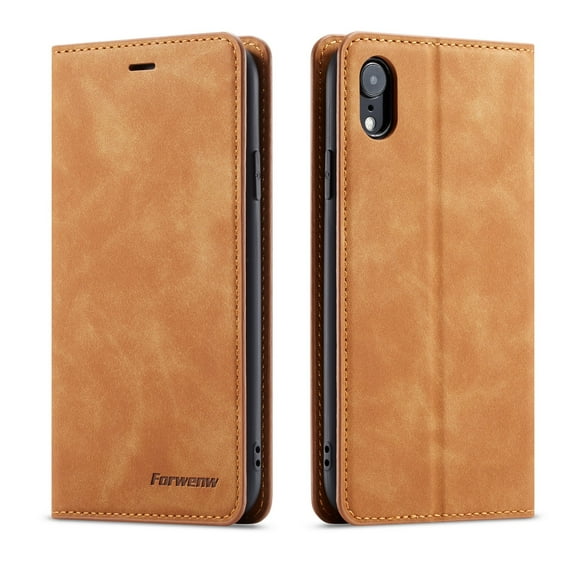 Mantto Case for iPhone XR, Premium Leather RFID Blocking Credit Card Slots Wallet Retro Folio Case Magnetic Clasp Flip Kickstand Shockproof Full Protection Phone Cover, Brown