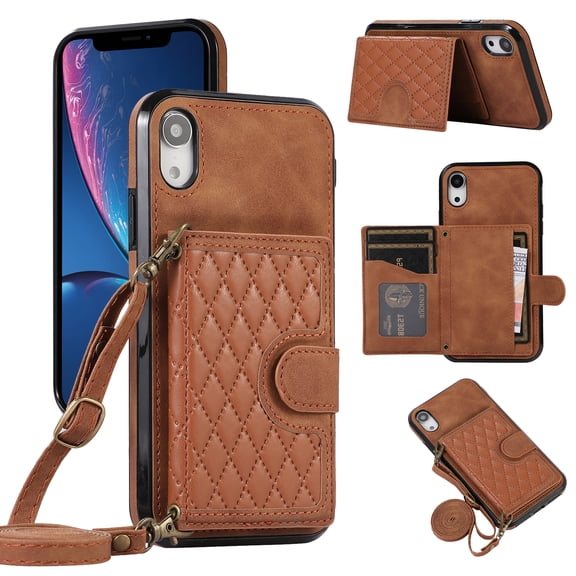 Mantto Case for iPhone XR,Wallet Phone Case Cute Leather Case with Card Holder Crossbody Cover for Women Girls Strap Wristlet RFID Blocking Shockproof For iPhone XR,brown