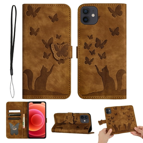 Mantto Cases for Apple iPhone 11 - 6.1 inch Butterfly Embossed & Cute Cat Patterned Wallet Case for Women Card Holder Flip Cover Kickstand PU Leather Magnetic Folio with Strap, Brown