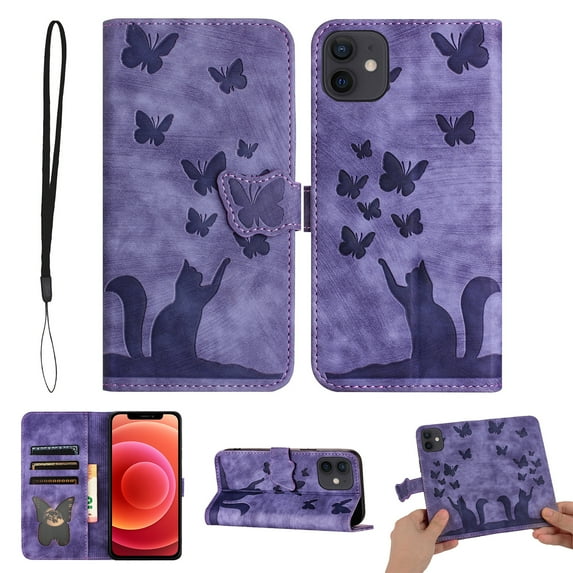 Mantto Cases for Apple iPhone 11 - 6.1 inch Butterfly Embossed & Cute Cat Patterned Wallet Case for Women Card Holder Flip Cover Kickstand PU Leather Magnetic Folio with Strap, Purple