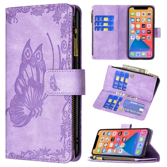 Mantto Cases for Apple iPhone 11 - 6.1 inch Butterfly Embossed Patterned Zipper Pocket Wallet Case for Women Card Holder Flip Cover Kickstand PU Leather Magnetic Folio with Strap, Purple