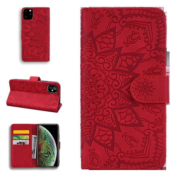 Mantto Cases for Apple iPhone 11 - 6.1 inch Magnetic Wallet Case for Women Card Holder Flip Cover Embossed Mandala Flower Kickstand PU Leather Magnetic Folio with Strap, Red