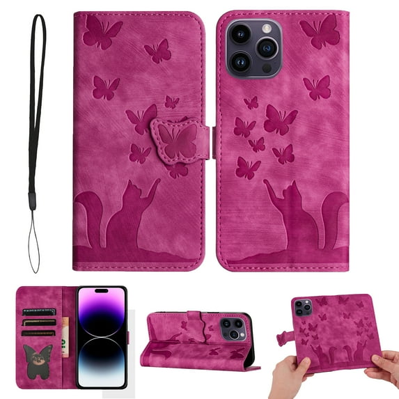 Mantto Cases for Apple iPhone 12, iPhone 12 Pro - 6.1 inch Butterfly Embossed & Cute Cat Patterned Wallet Case for Women Card Holder Flip Cover Kickstand PU Leather Magnetic Folio with Strap, Rose
