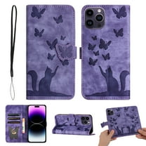 Mantto Cases for Apple iPhone 12, iPhone 12 Pro - 6.1 inch Butterfly Embossed & Cute Cat Patterned Wallet Case for Women Card Holder Flip Cover Kickstand PU Leather Magnetic Folio with Strap, Purple