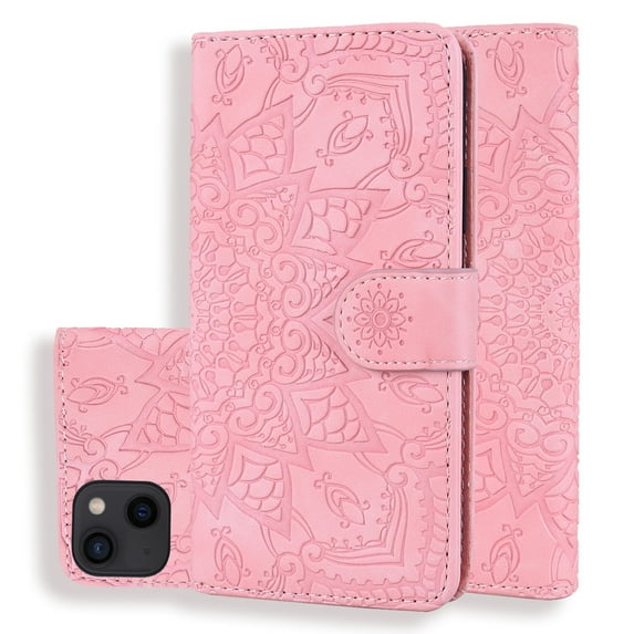 Mantto Cases for Apple iPhone 13 - 6.1 inch Magnetic Wallet Case for Women Card Holder Flip Cover Embossed Mandala Flower Kickstand PU Leather Magnetic Folio with Strap, Pink
