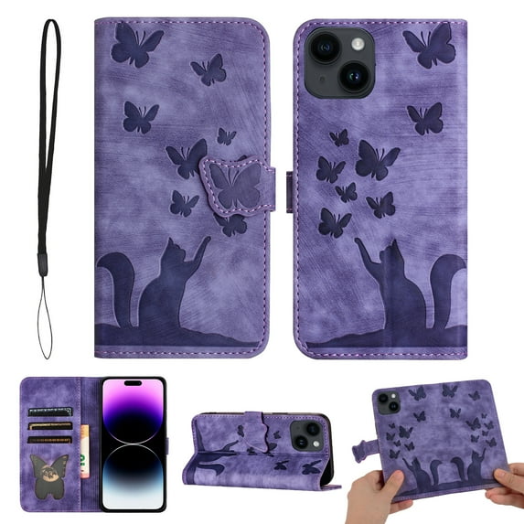 Mantto Cases for Apple iPhone 14 Plus - 5.4 inch Butterfly Embossed & Cute Cat Patterned Wallet Case for Women Card Holder Flip Cover Kickstand PU Leather Magnetic Folio with Strap, Purple