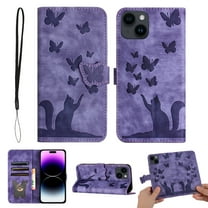 Mantto Cases for Apple iPhone 14 Plus - 5.4 inch Butterfly Embossed & Cute Cat Patterned Wallet Case for Women Card Holder Flip Cover Kickstand PU Leather Magnetic Folio with Strap, Purple