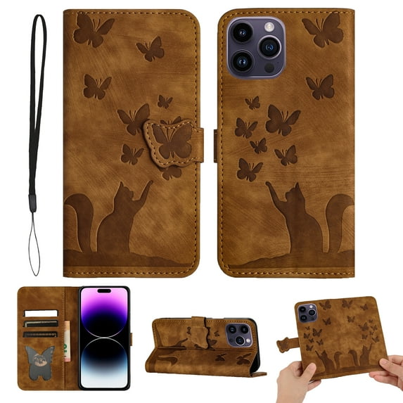 Mantto Cases for Apple iPhone 14 Pro - 6.1 inch Butterfly Embossed & Cute Cat Patterned Wallet Case for Women Card Holder Flip Cover Kickstand PU Leather Magnetic Folio with Strap, Brown