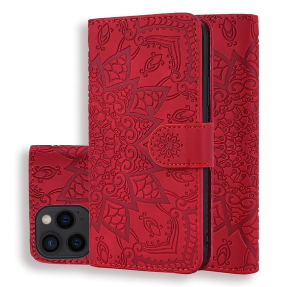 Mantto Cases for Apple iPhone 14 Pro - 6.1 inch Magnetic Wallet Case for Women Card Holder Flip Cover Embossed Mandala Flower Kickstand PU Leather Magnetic Folio with Strap, Red