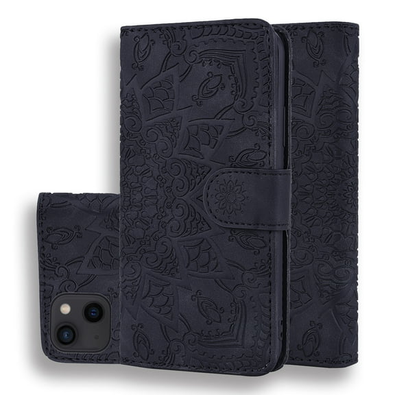Mantto Cases for Apple iPhone 15 - 6.1 inch Magnetic Wallet Case for Women Card Holder Flip Cover Embossed Mandala Flower Kickstand PU Leather Magnetic Folio with Strap, Black