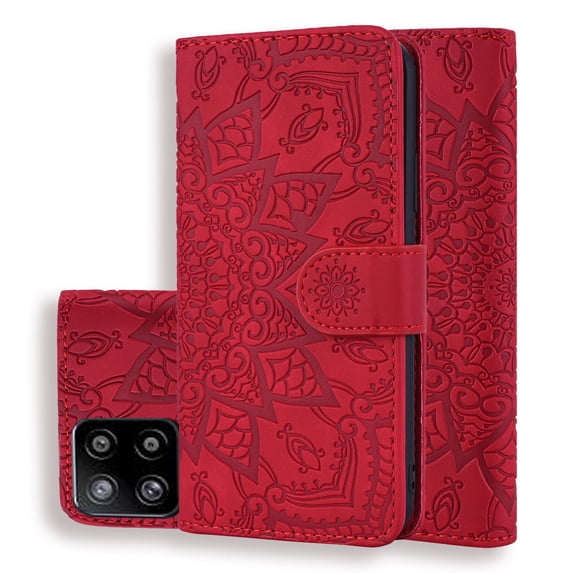 Mantto Cases for Samsung Galaxy A12 5G Magnetic Wallet Case for Women Card Holder Flip Cover Embossed Mandala Flower Kickstand PU Leather Magnetic Folio with Strap, Red