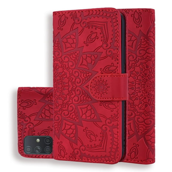 Mantto Cases for Samsung Galaxy A71 5G Magnetic Wallet Case for Women Card Holder Flip Cover Embossed Mandala Flower Kickstand PU Leather Magnetic Folio with Strap, Red