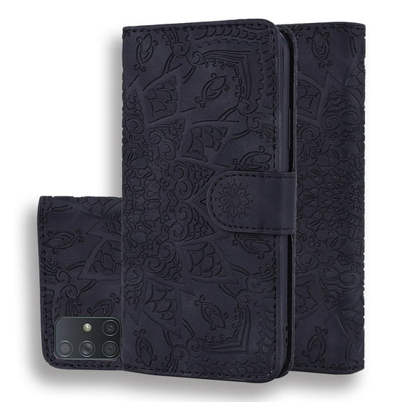 Mantto Cases for Samsung Galaxy A71 5G Magnetic Wallet Case for Women Card Holder Flip Cover Embossed Mandala Flower Kickstand PU Leather Magnetic Folio with Strap, Black