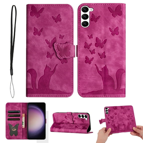 Mantto Cases for Samsung Galaxy S23 Butterfly Embossed & Cute Cat Patterned Wallet Case for Women Card Holder Flip Cover Kickstand PU Leather Magnetic Folio with Strap, Rose