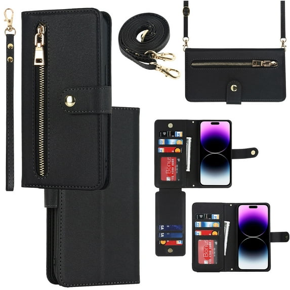 Mantto Compatible with for iPhone 11 Crossbody case Wallet Purse for Women Girls Handbag with Card Holder Zippper Flip PU Leather Shoulder Strap Cover For iPhone 11, Black