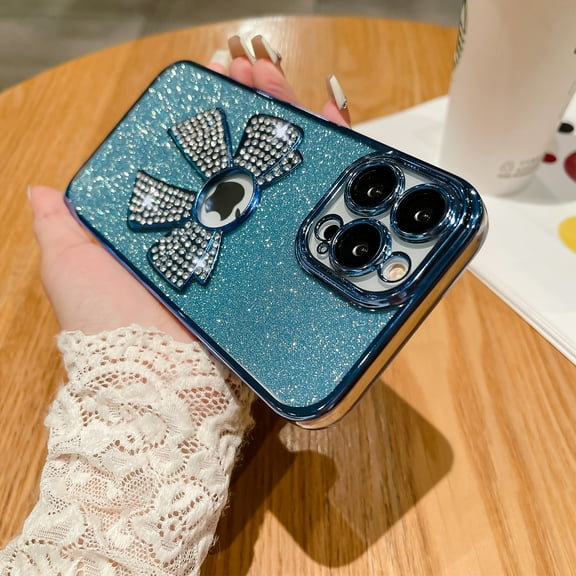Mantto Compatible with iPhone 11 Glitter Case,Luxury Cute Bowknot Sparkle Shine Diamond Design with Bling Plating Logo View,Aesthetic Shockproof Bumper Cover for Women Girls, Blue