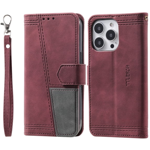 Mantto Compatible with iPhone 12 Pro Max Case, Wallet Flip Cover with Card Holder and Wrist Strap PU Leather Kickstand Caredit Card Classic Phone Case Cover for iPhone 12 Pro Max 6.7 inch,Winered