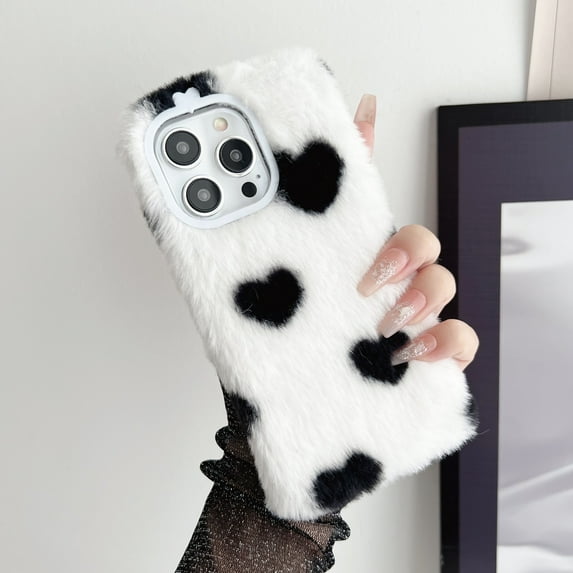 Mantto Compatible with iPhone 14 Plus Fuzzy Furry Warm Plush Cute Heart Love Pattern Case, for Women Girls, Luxury Plush Fluffy Soft TPU Bumper Shockproof Phone Case for iPhone 14 Plus, White