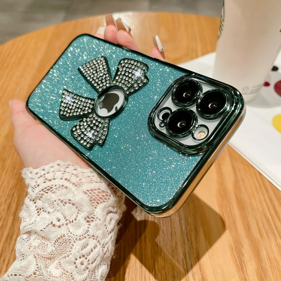 Mantto Compatible with iPhone 14 Pro Max Glitter Case,Luxury Cute Bowknot Sparkle Shine Diamond Design with Bling Plating Logo View,Aesthetic Shockproof Bumper Cover for Women Girls, Darkgreen