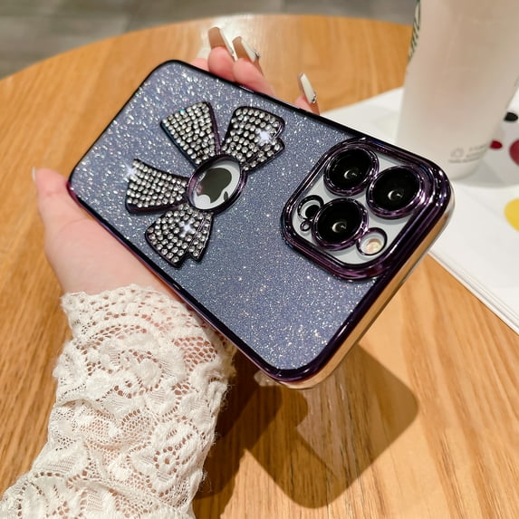 Mantto Compatible with iPhone 14 Pro Max Glitter Case,Luxury Cute Bowknot Sparkle Shine Diamond Design with Bling Plating Logo View,Aesthetic Shockproof Bumper Cover for Women Girls, Purple