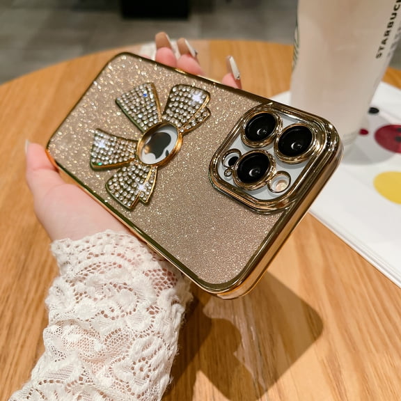 Mantto Compatible with iPhone 14 Pro Max Glitter Case,Luxury Cute Bowknot Sparkle Shine Diamond Design with Bling Plating Logo View,Aesthetic Shockproof Bumper Cover for Women Girls, Gold