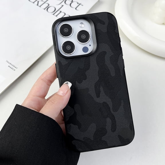 Mantto Compatible with iPhone 15 Pro Max Magnetic Case, Camouflage Pattern PU Leather Case with Microfiber Lining for Men Women [Compatible with MagSafe] Shockproof Slim Phone Case,Black