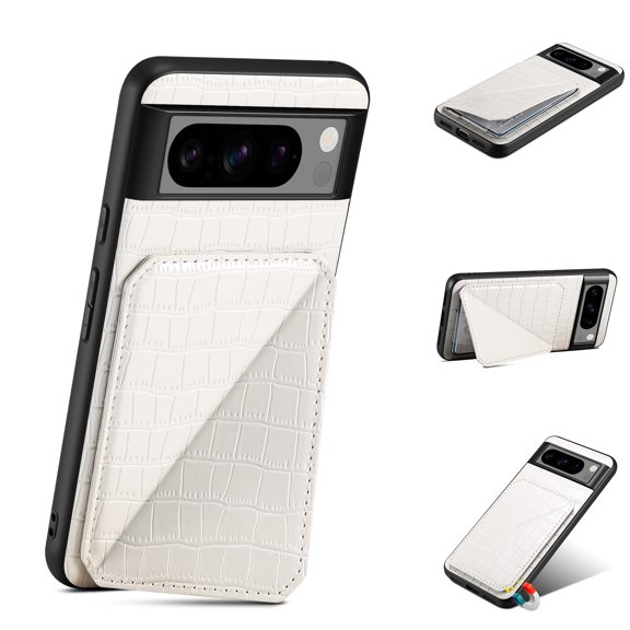 Mantto Crocodile Grain PU Leather Back Wallet Phone Case for Google Pixel 7, Hidden Magnetic Credit Card Slot Holder, Horizontal & Vertical Kickstand Durable Protective Cover, White