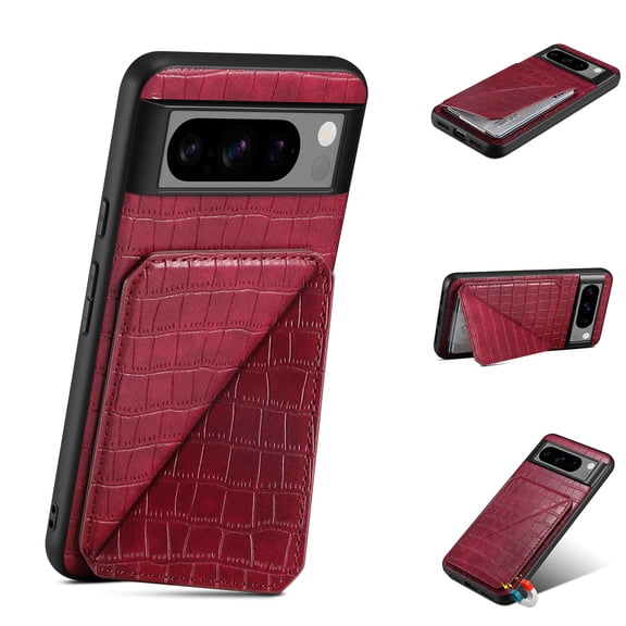 Mantto Crocodile Grain PU Leather Back Wallet Phone Case for Google Pixel 7 Pro, Hidden Magnetic Credit Card Slot Holder, Horizontal & Vertical Kickstand Durable Protective Cover, Red