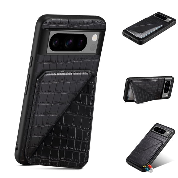 Mantto Crocodile Grain PU Leather Back Wallet Phone Case for Google Pixel 7 Pro, Hidden Magnetic Credit Card Slot Holder, Horizontal & Vertical Kickstand Durable Protective Cover, Black