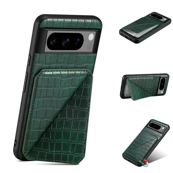 Mantto Crocodile Grain PU Leather Back Wallet Phone Case for Google Pixel 8, Hidden Magnetic Credit Card Slot Holder, Horizontal & Vertical Kickstand Durable Protective Cover, Green
