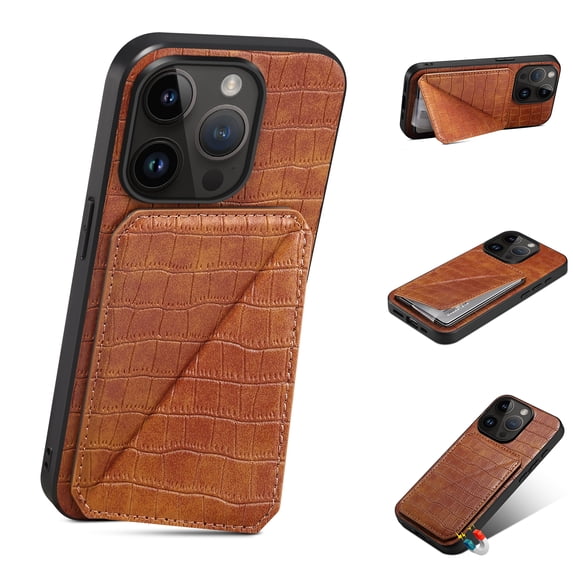 Mantto Crocodile Grain PU Leather Back Wallet Phone Case for iPhone 14, Hidden Magnetic Credit Card Slot Holder, Horizontal & Vertical Kickstand Durable Protective Cover, Brown