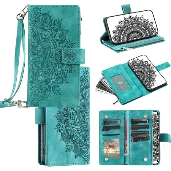 Mantto Crossbody Case for Google Pixel 9 / 9 Pro,Embossed Pattern PU Leather Zipper Pocket Magnetic Flip Holder ID Credit Card Slots Wallet Phone Case with Detachable Shoulder Strap,Green