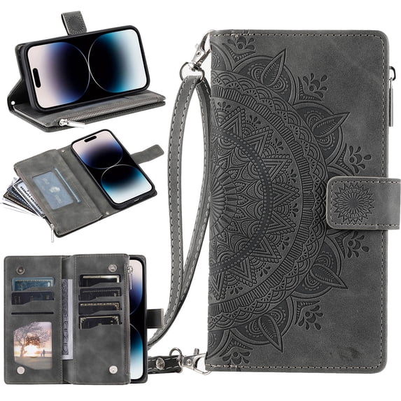 Mantto Crossbody Case for Moto G Play 4G 2024,Embossed Pattern PU Leather Zipper Pocket Magnetic Flip Holder ID Credit Card Slots Wallet Phone Case with Detachable Shoulder Strap,Gray