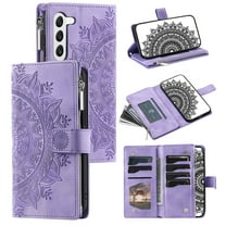 Mantto Crossbody Case for Samsung Galaxy A15,Embossed Pattern PU Leather Zipper Pocket Magnetic Flip Holder ID Credit Card Slots Wallet Phone Case with Detachable Shoulder Strap,Purple