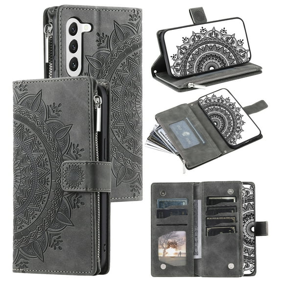 Mantto Crossbody Case for Samsung Galaxy A26 5G,Embossed Pattern PU Leather Zipper Pocket Magnetic Flip Holder ID Credit Card Slots Wallet Phone Case with Detachable Shoulder Strap,Gray