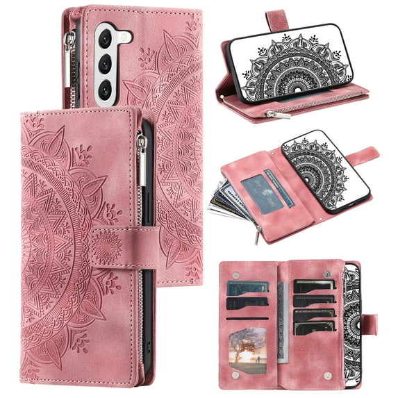 Mantto Crossbody Case for Samsung Galaxy S23 FE,Embossed Pattern PU Leather Zipper Pocket Magnetic Flip Holder ID Credit Card Slots Wallet Phone Case with Detachable Shoulder Strap,Pink