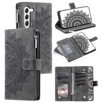 Mantto Crossbody Case for Samsung Galaxy S24,Embossed Pattern PU Leather Zipper Pocket Magnetic Flip Holder ID Credit Card Slots Wallet Phone Case with Detachable Shoulder Strap,Gray