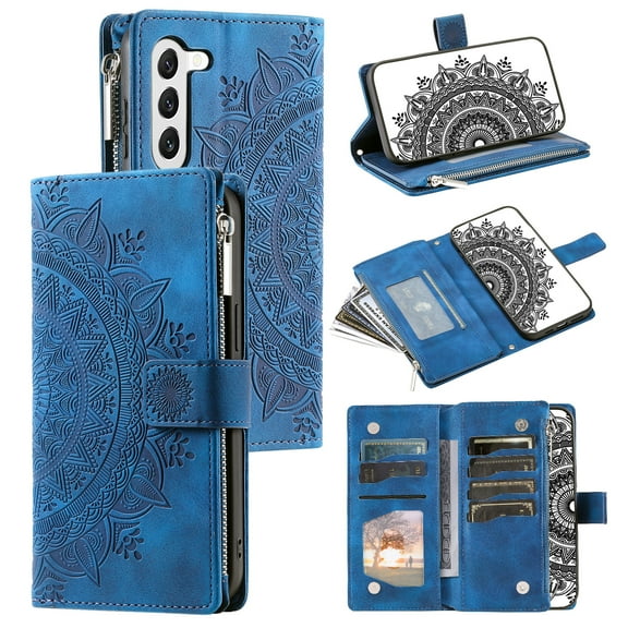 Mantto Crossbody Case for Samsung Galaxy S24 FE,Embossed Pattern PU Leather Zipper Pocket Magnetic Flip Holder ID Credit Card Slots Wallet Phone Case with Detachable Shoulder Strap,Blue