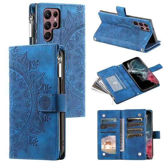 Mantto Crossbody Case for Samsung Galaxy S24 Ultra,Embossed Pattern PU Leather Zipper Pocket Magnetic Flip Holder ID Credit Card Slots Wallet Phone Case with Detachable Shoulder Strap,Blue