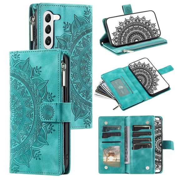 Mantto Crossbody Case for Samsung Galaxy S25,Embossed Pattern PU Leather Zipper Pocket Magnetic Flip Holder ID Credit Card Slots Wallet Phone Case with Detachable Shoulder Strap,Green